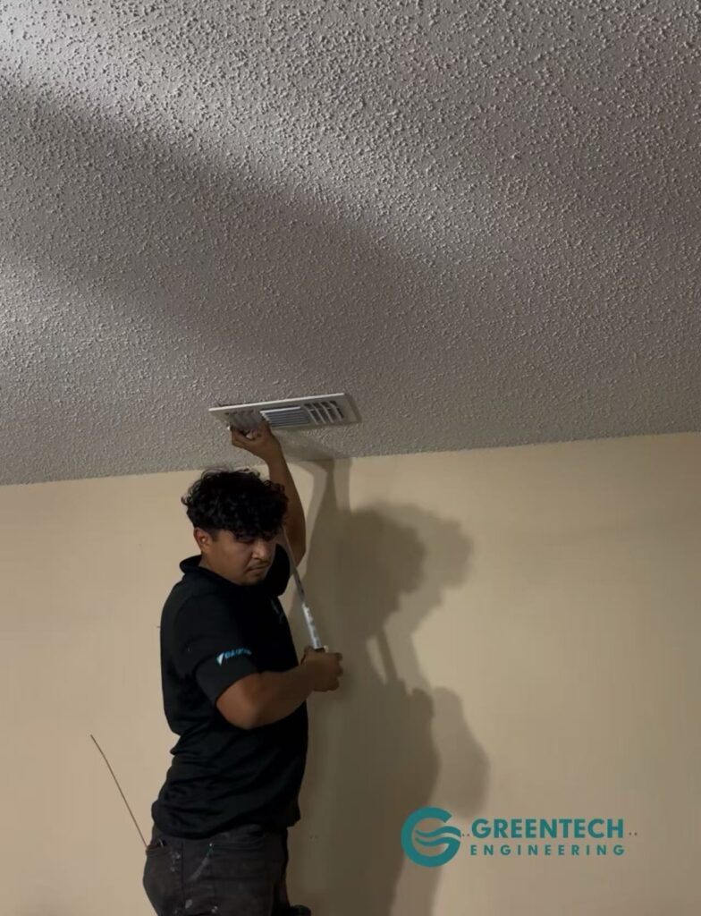 New 8-inch supply duct and plenum installation for air balancing during Daikin Fit HVAC replacement in Sachse TX