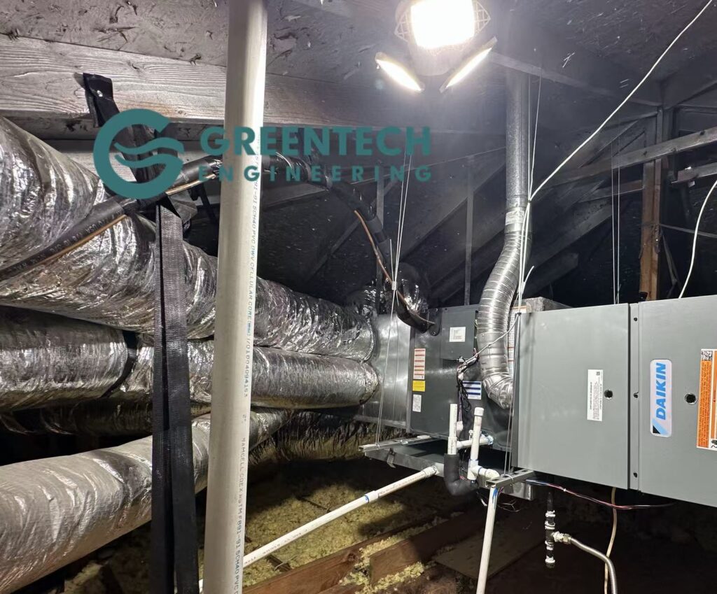 Greentech Engineering technician installing a Daikin Fit system and preparing to add a new supply vent in Sachse, TX.