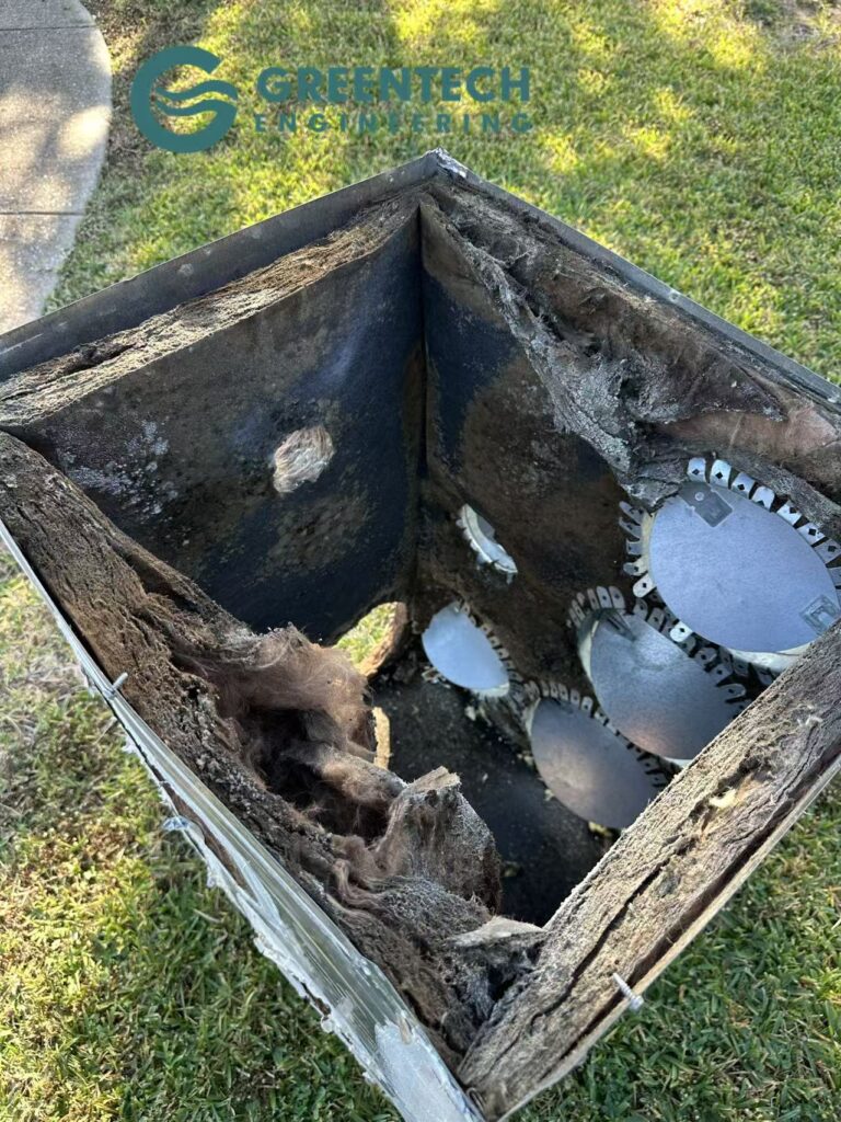 Mold contamination inside old HVAC supply plenum box during Sachse TX Daikin Fit replacement